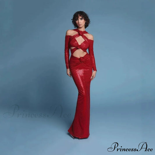 Blossoming Cutout Backless Sparkling Prom Dress red / XS promdress-250223