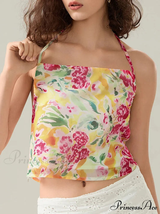 Blossoming Halter Open-Back Sleeveless Cropped Vest Camisole croptop-250126