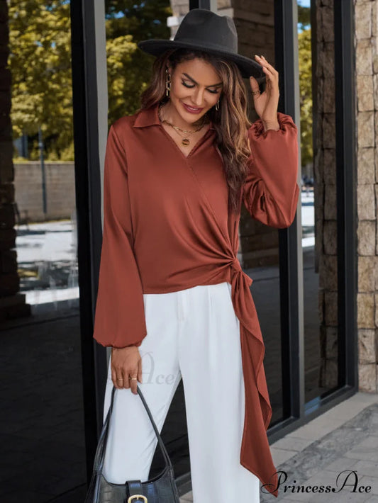 Blouse Arm Satin Long V-neck streamer trendy - Casual Women’s Top Brown / S