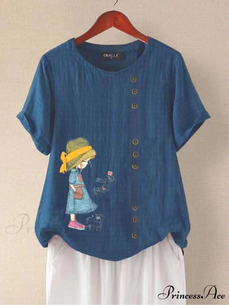 Blouse Casual for Fashion Loose Patterned Short-sleeved Retro Blouse Summer Dark Blue / S