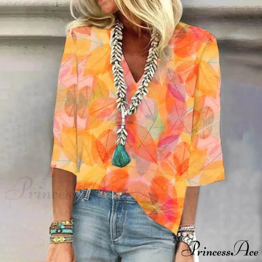 Blouse in Colorful Design Foliage Design Orange / S