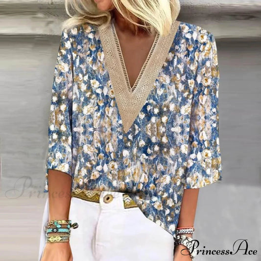 Blouse Lace with V-Neck Detail Blue / S