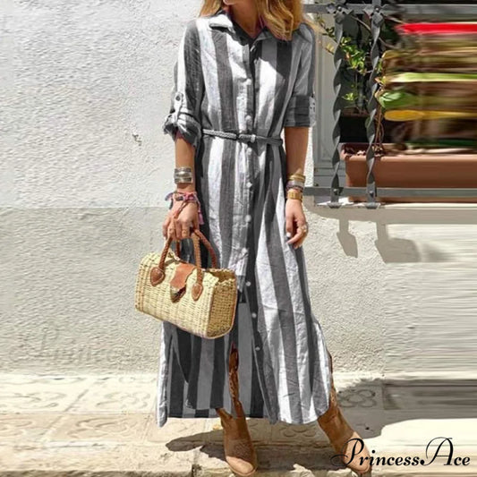 Blouse Long Loose Casual Gown Office Long Gown Autumn Striped Single-Breasted Design Harajuku Lapel Arm - Women Dresses