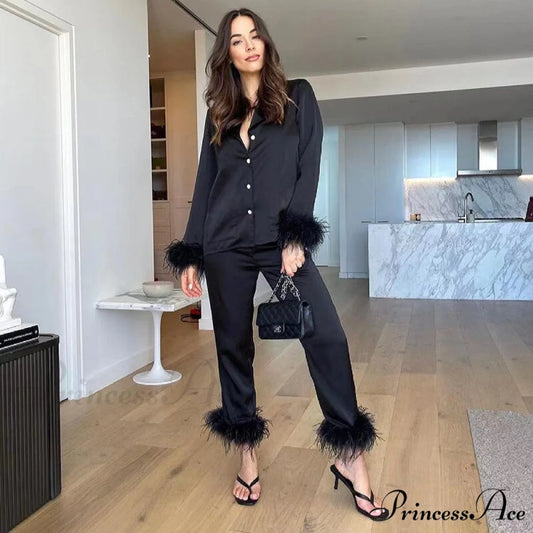 Blouse Pants - Women Casual and Arm Party Tracksuits Long Y2K 2024 Piece Feather Shirts 2 Sexy Elegant Top Set Black / S