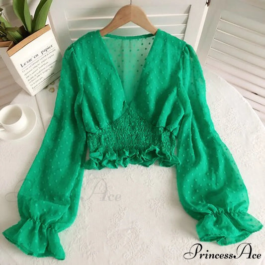 Blouse Spot and with Puff Blouse Pullover - Chiffon V-neck Sweet Spring Sleeves Green / One Size