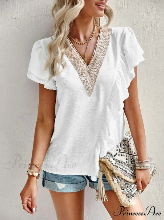 Blouse - V-Neck 2024 for Sleeved Top Brief Ruffle Warm-Season Women’s Commuting