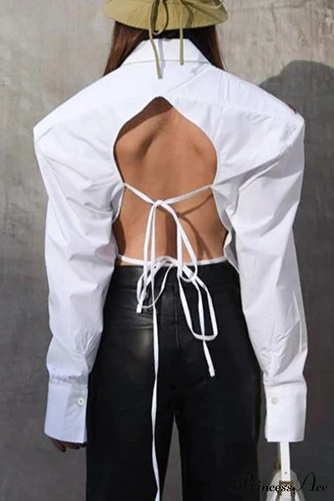 Blouse White Arm Shoulder Long Backless with Up Lace Pads White / M