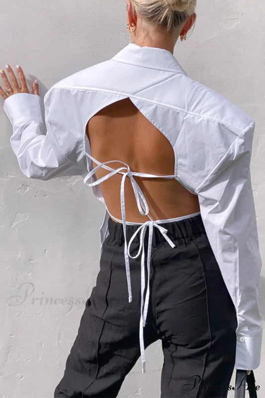 Blouse White Arm Shoulder Long Backless with Up Lace Pads White / S