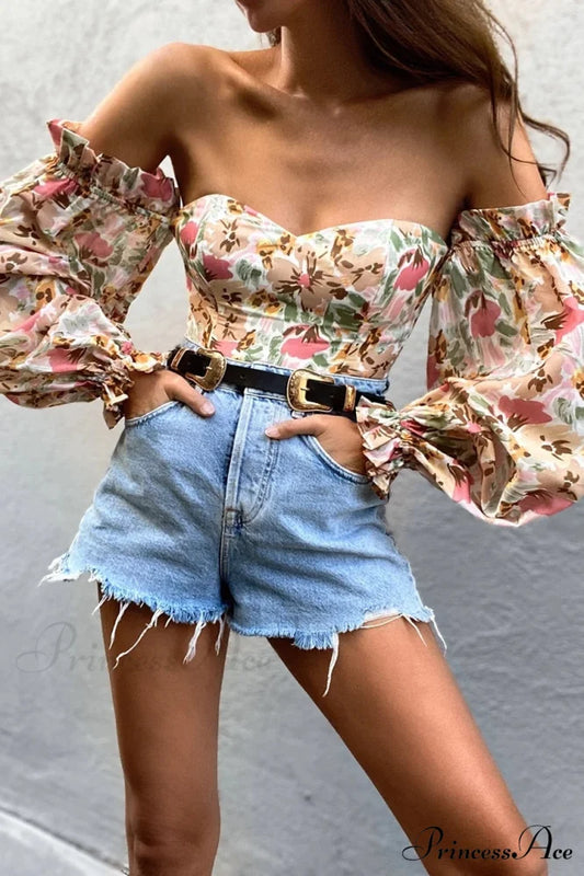 Blouse Women Neck Flowered Tube Blous Fashion Shoulder Off Arm Slash Top The Puff Women Green / S
