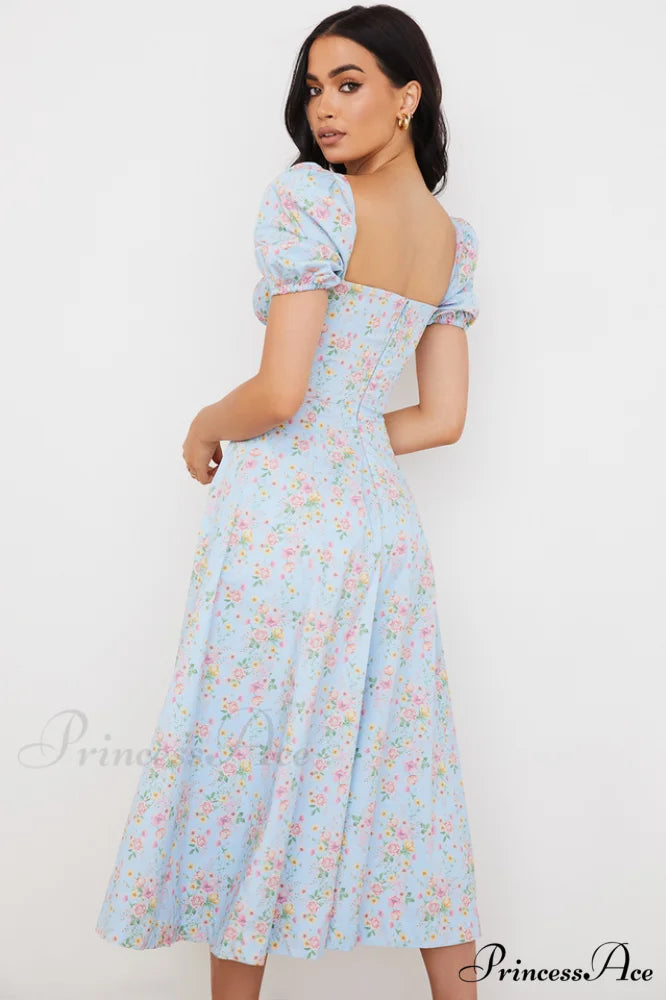 Blue And Pink Charming Vintage Print Midi Skirt