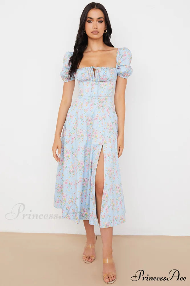 Blue And Pink Charming Vintage Print Midi Skirt