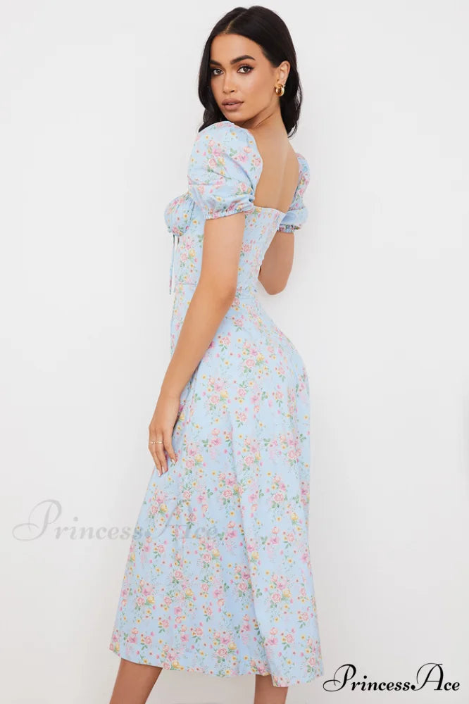 Blue And Pink Charming Vintage Print Midi Skirt