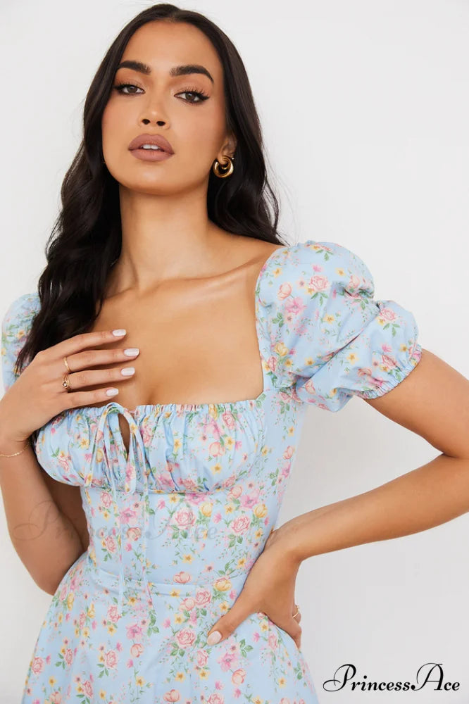 Blue And Pink Charming Vintage Print Midi Skirt