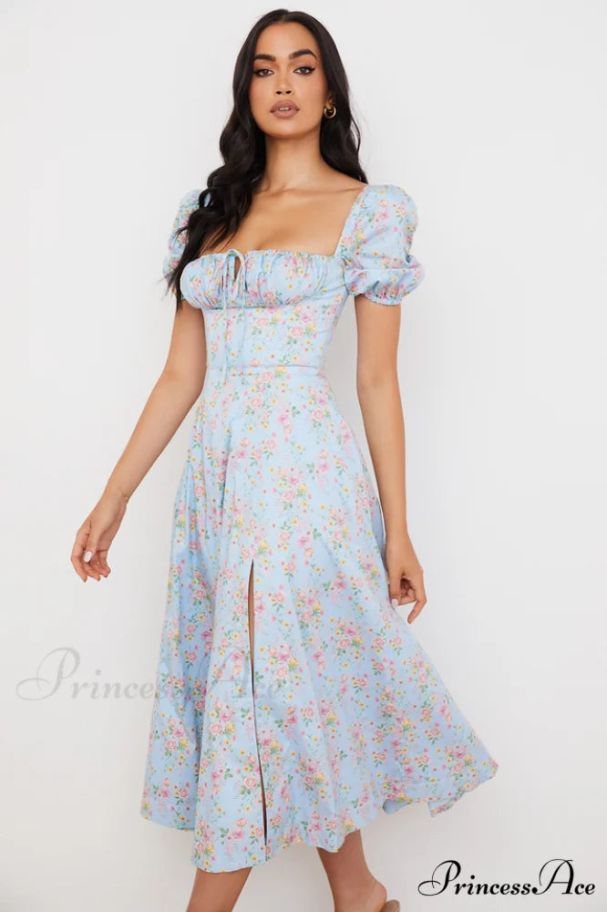 Blue And Pink Charming Vintage Print Midi Skirt