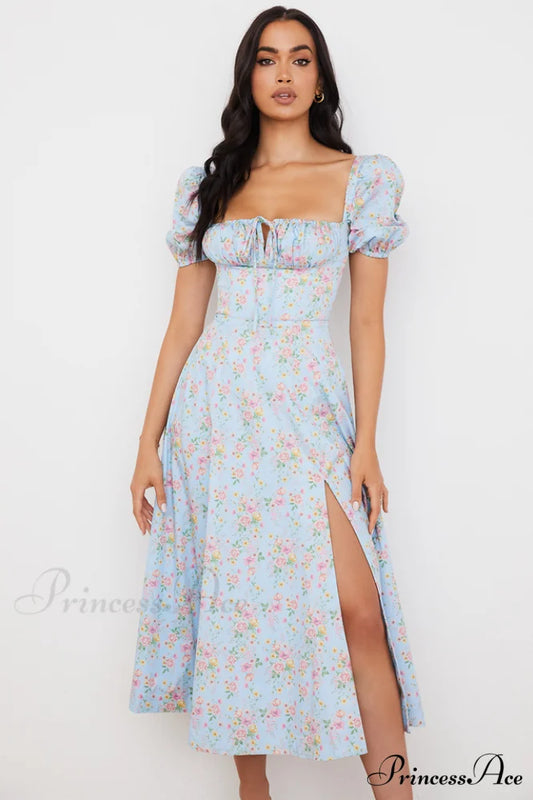 Blue And Pink Charming Vintage Print Midi Skirt XS / Blue And Pink