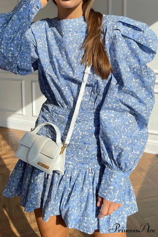Blue Floral Dress with Puff Sleeve and Gathered Ruffle Blue / S