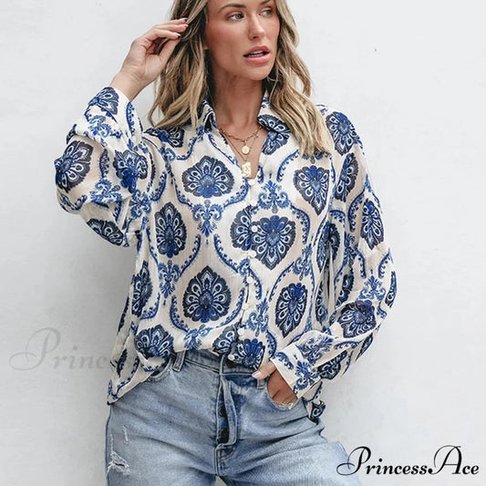 Blue Flowered Printed Extended Sleeve V-Neck Bohemian Top Blouse / XS bohoblouse-250126