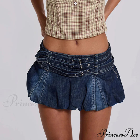 Blue Frilly Buckled Belted Skirt Blue / S skirts-250223