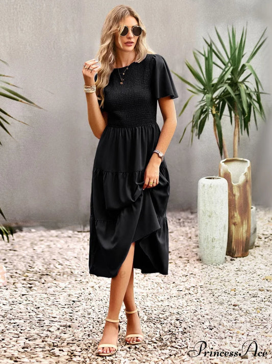 Blue Green Puff Sleeve Smocked Ruffle Tiered Midi Dress S / Green