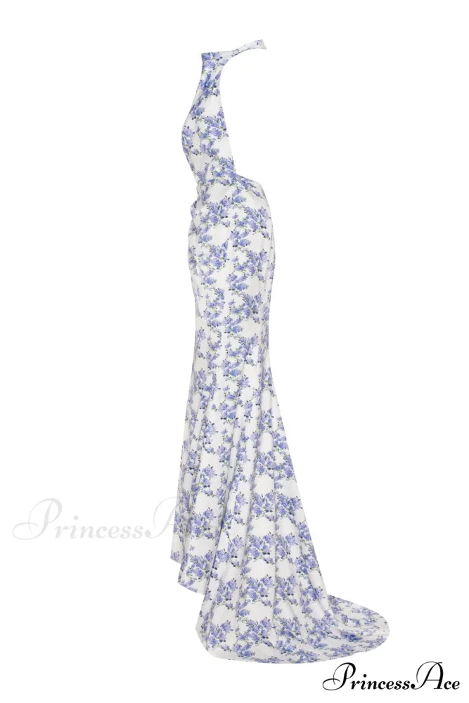 Blue Hydrangea Mock Charming Neck Sleeveless Evening Dress