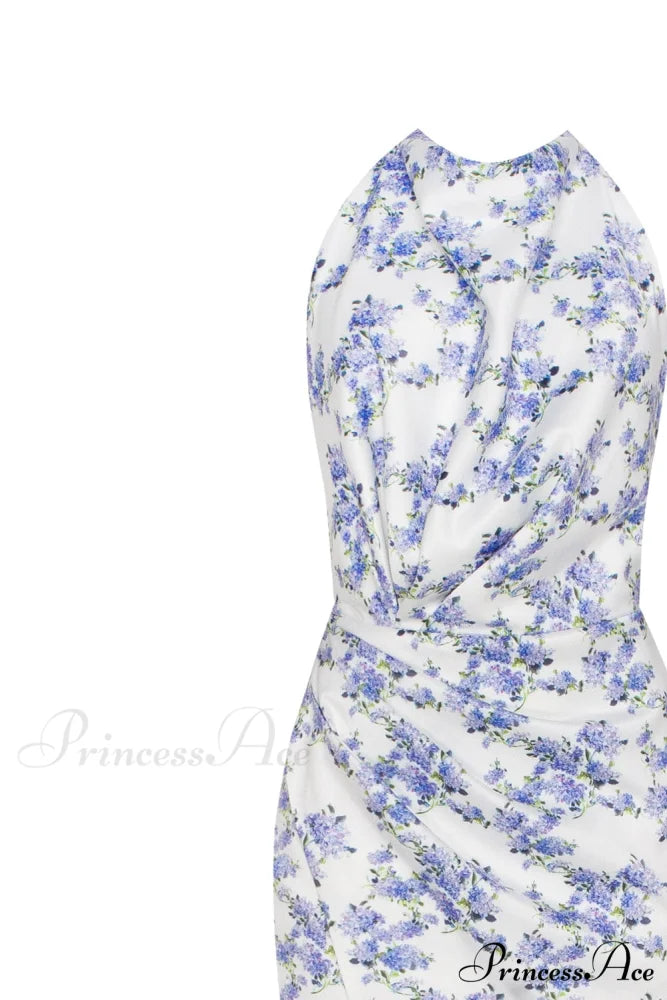 Blue Hydrangea Mock Charming Neck Sleeveless Evening Dress