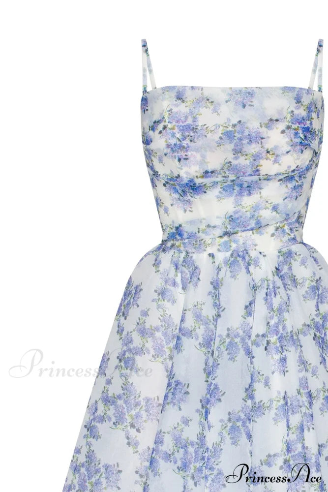 Blue Hydrangea Spaghetti Charming Strap Midi Dress