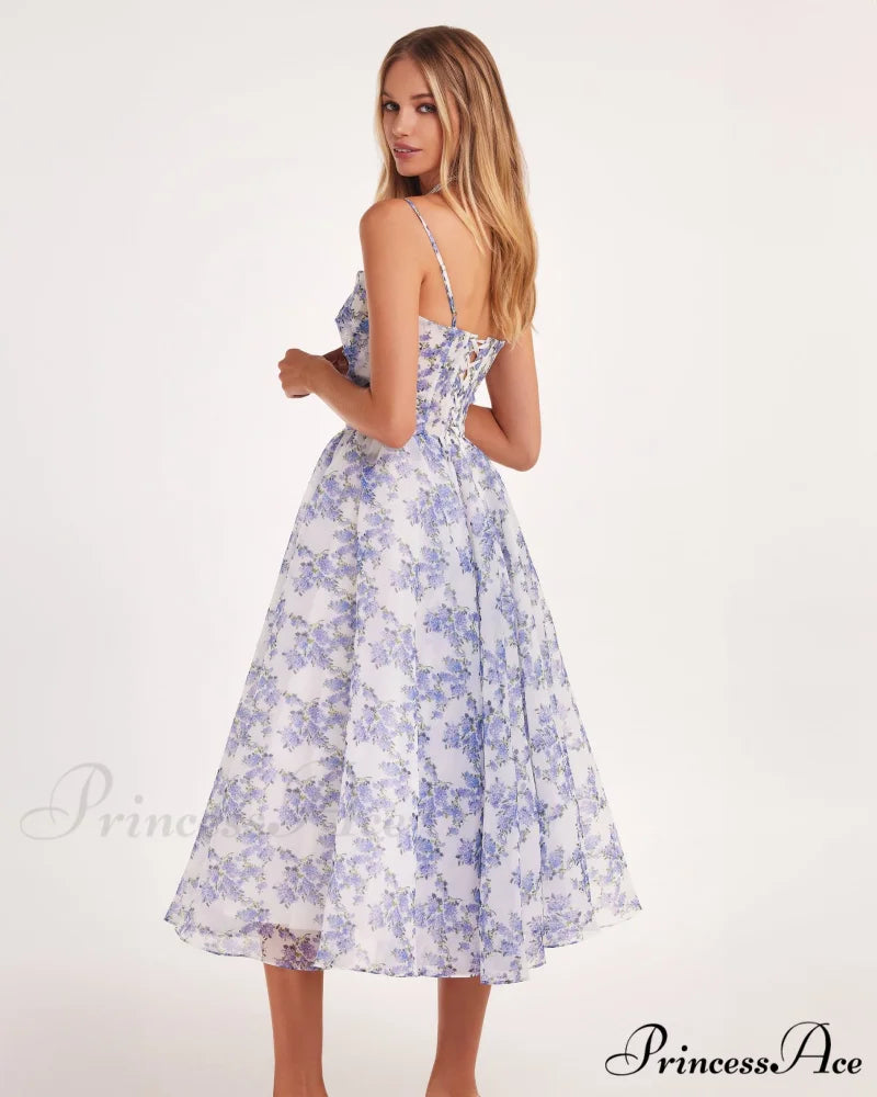 Blue Hydrangea Spaghetti Charming Strap Midi Dress