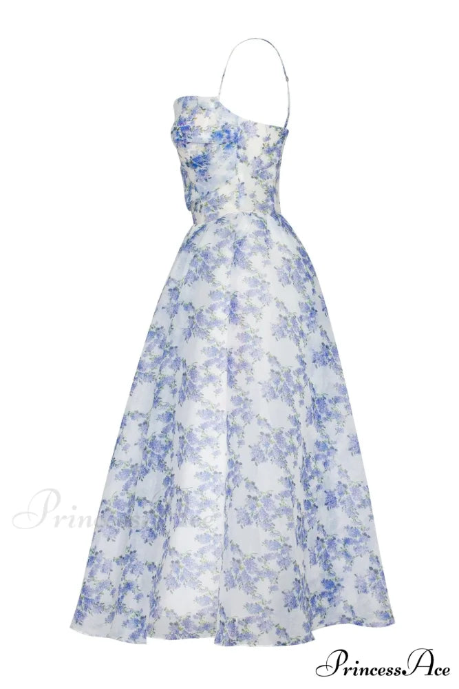 Blue Hydrangea Spaghetti Charming Strap Midi Dress