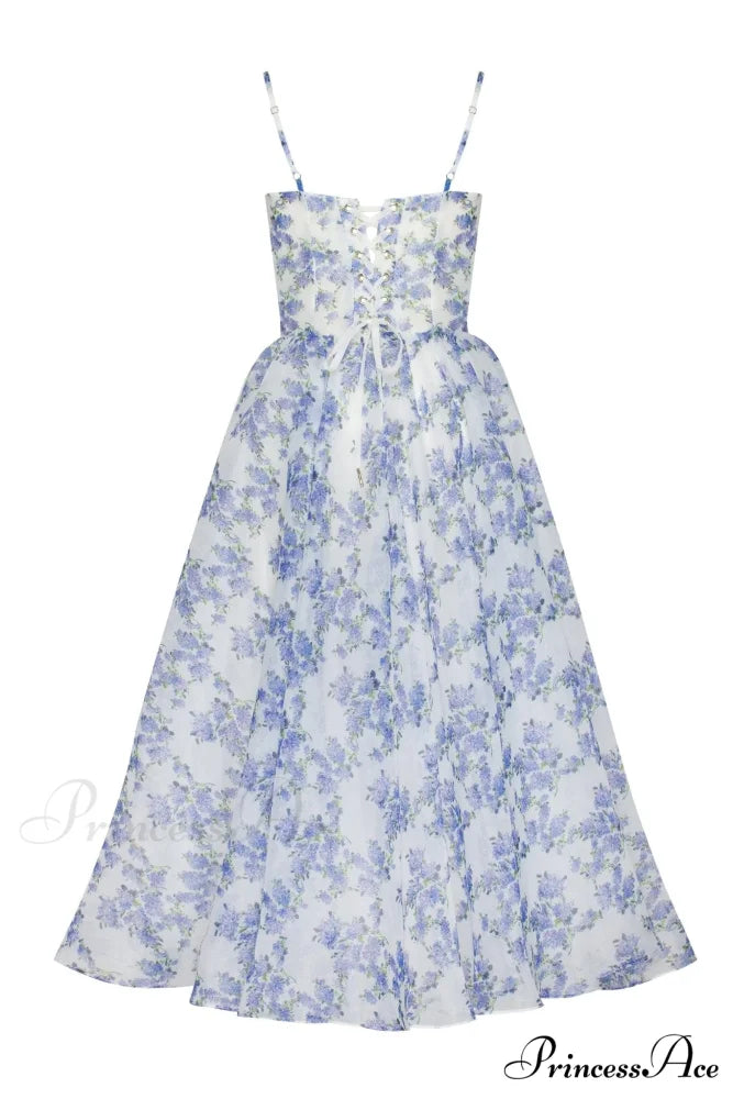 Blue Hydrangea Spaghetti Charming Strap Midi Dress