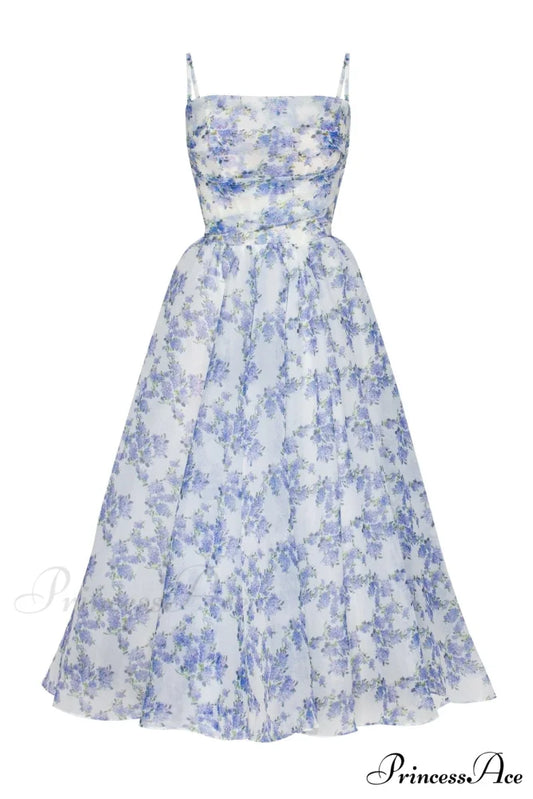 Blue Hydrangea Spaghetti Charming Strap Midi Dress XXS / Blue Hydrangea