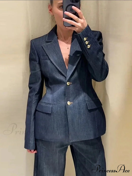 Blue Jacket Tall Waist Jeans Workplace Two Piece Set blue tube / S officetwopieceset-250223