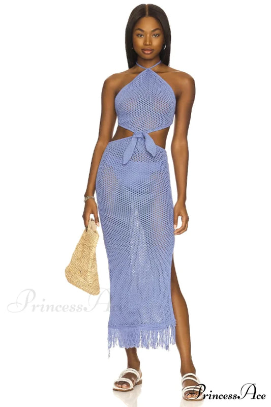 Blue Jean Crochet Charming Fringe Maxi Dress S / Blue