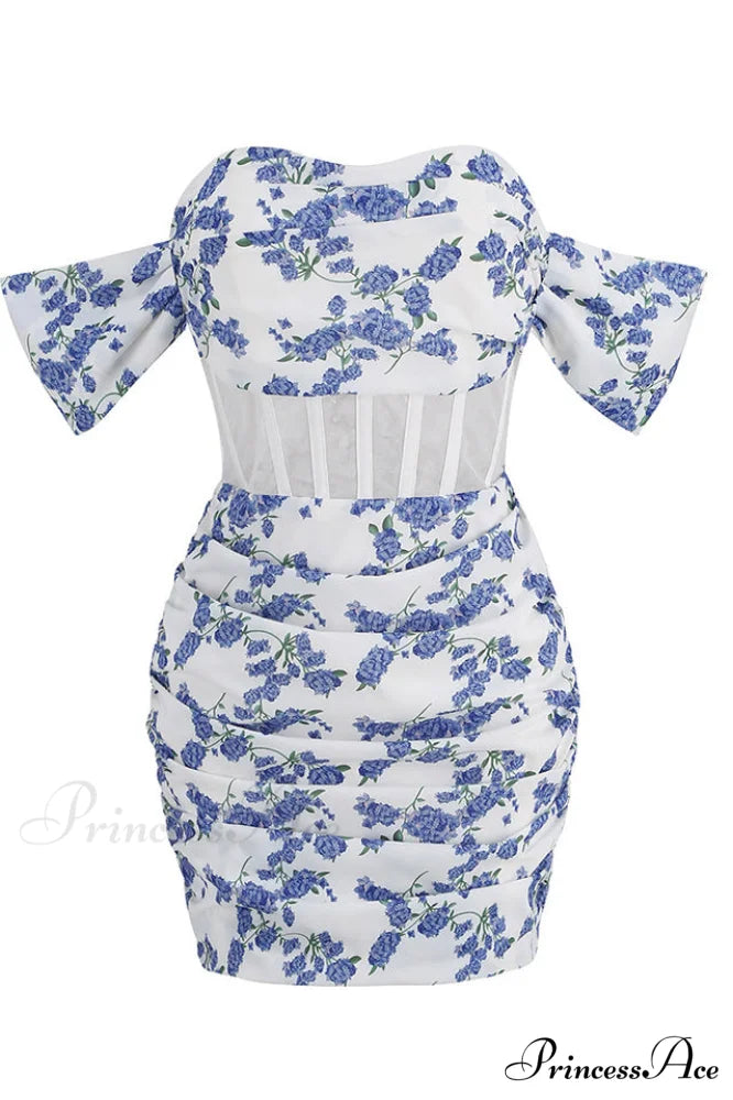 Blue Print Ruched Charming Floral Mini Dress
