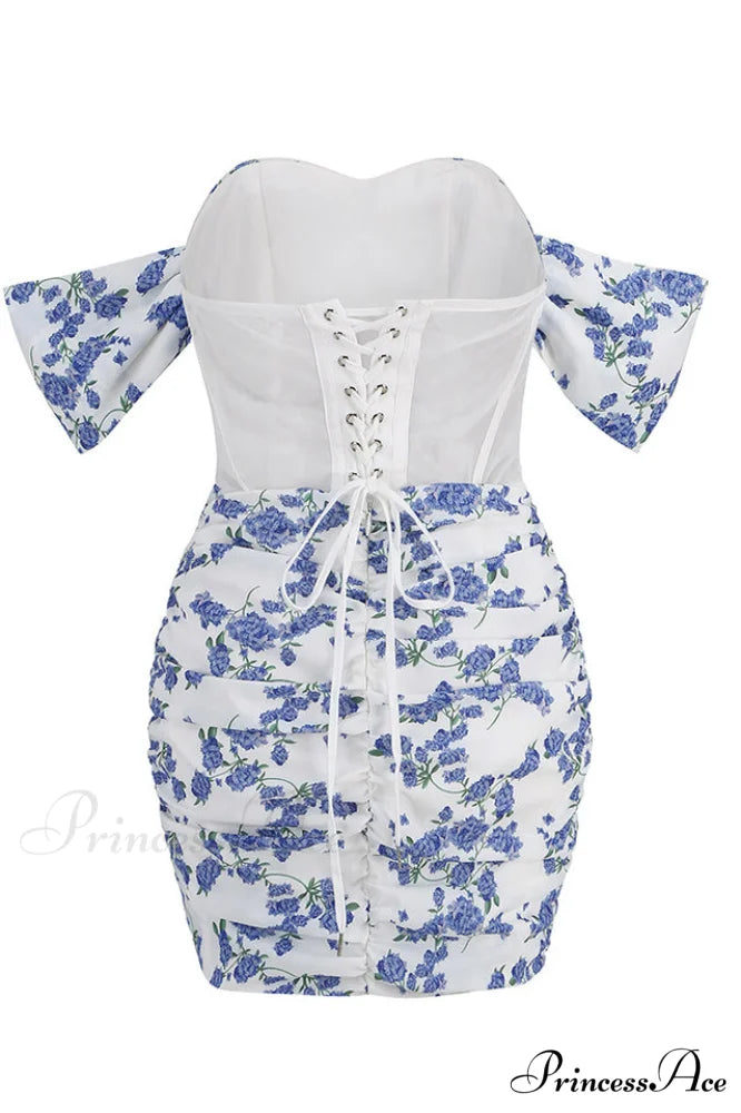 Blue Print Ruched Charming Floral Mini Dress