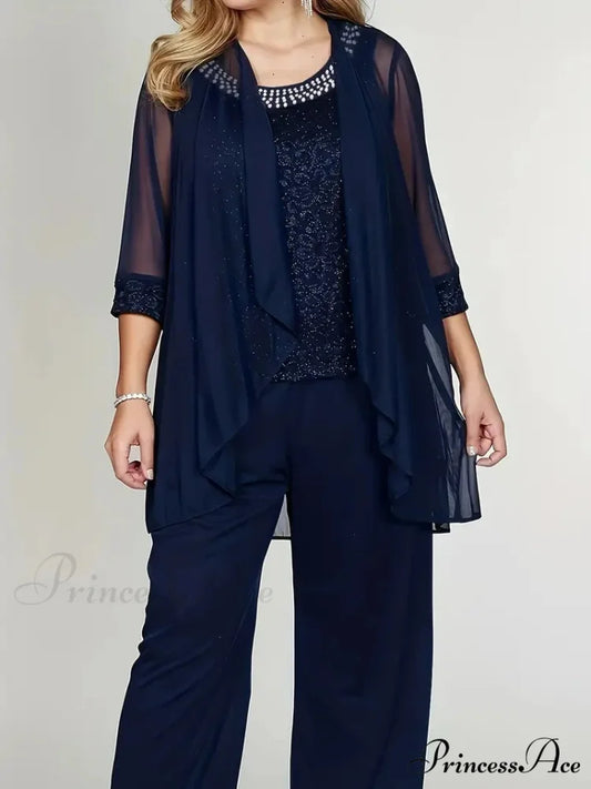Blue Sequins Cardigan & Pants Set