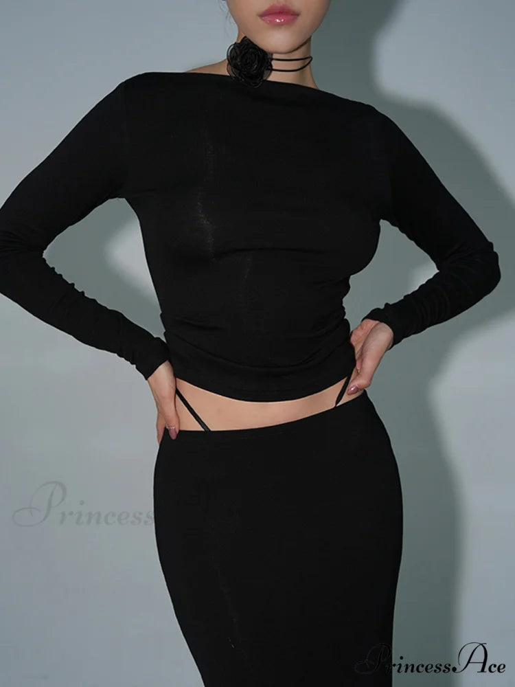Boat Neck Graceful Long Sleeve Shirt Black / XS