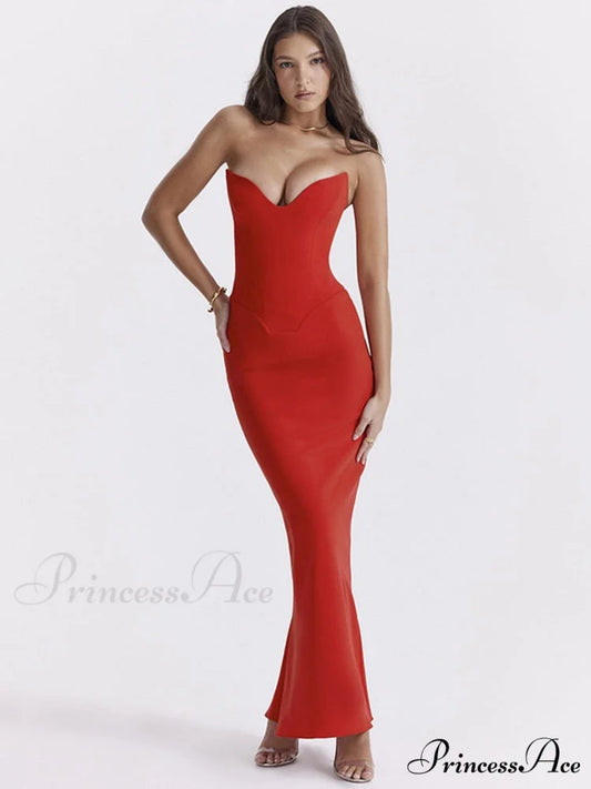 Bodycon - Off-Shoulder Fishbone Party Gown Club for Strapless Elegant Full-Length Women Night Gown Red / S