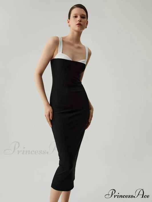 Bodycon Patchwork Sweetheart Trendy Collar Cami Midi Dress Black / XS