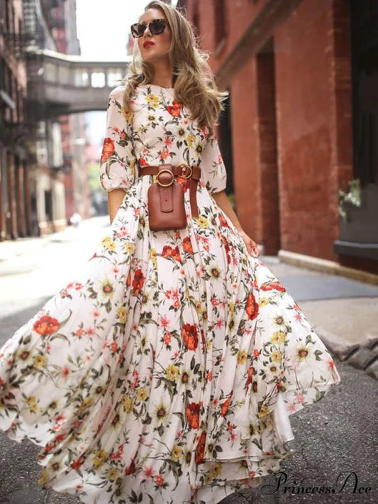 Bohemia Gown Full-Length Neck Half with Round and Flowered Sleeves S / Green
