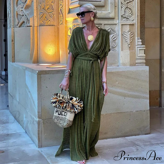 Bohemia Holiday Dress Elegant Solid Casual Loose Long Dresses Summer Christmas Party Dress Green / One Size