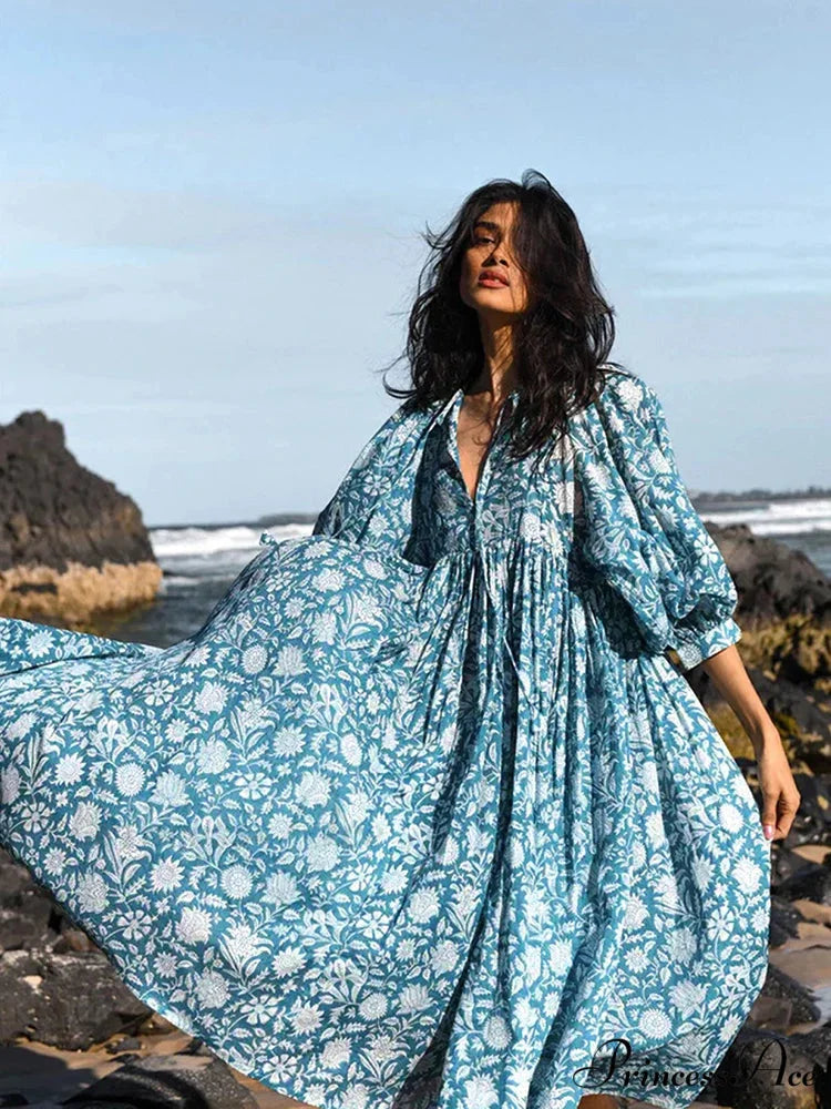 Bohemian Antique Lantern Sleeve Dress Blue / S bohodress-250126