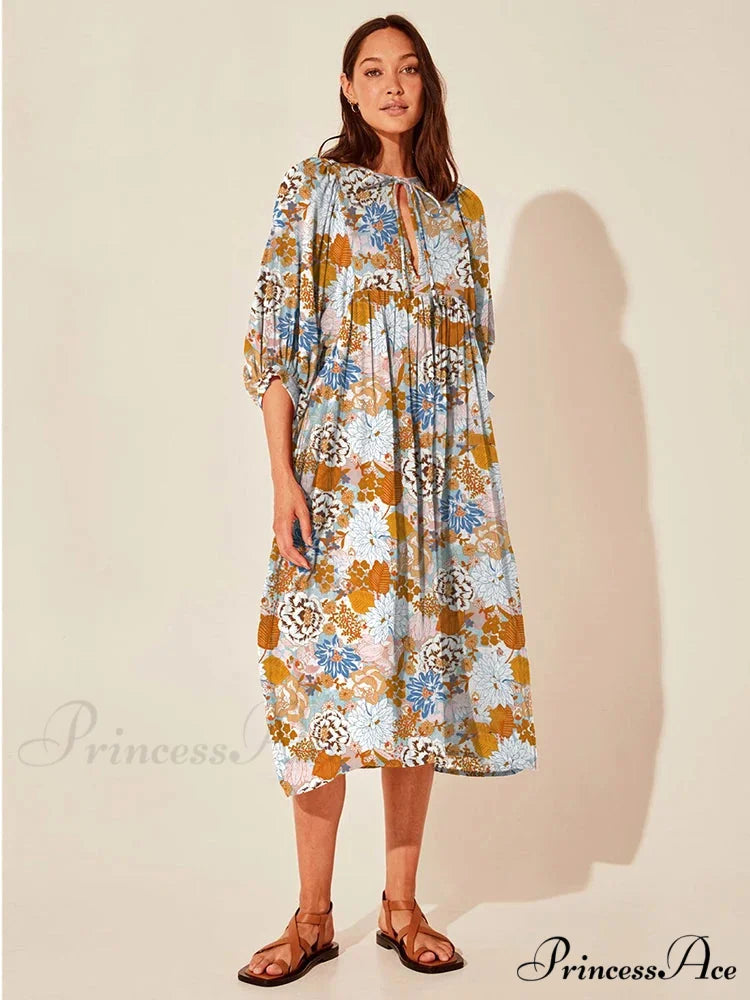 Bohemian Antique Lantern Sleeve Dress khaki floral / S bohodress-250126