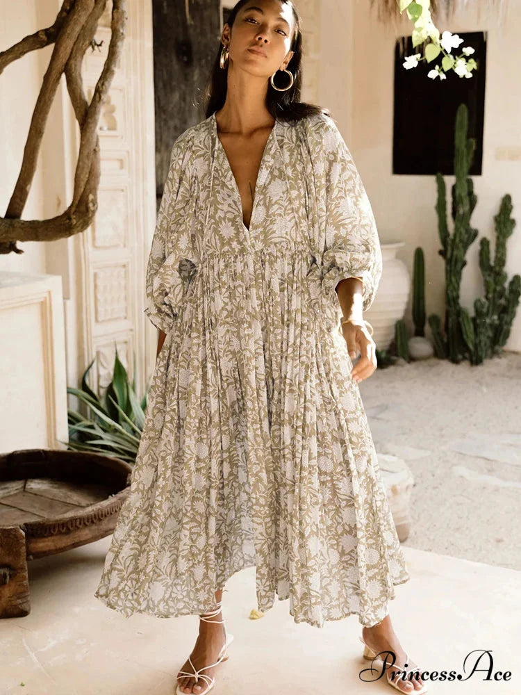 Bohemian Antique Lantern Sleeve Dress Khaki / S bohodress-250126