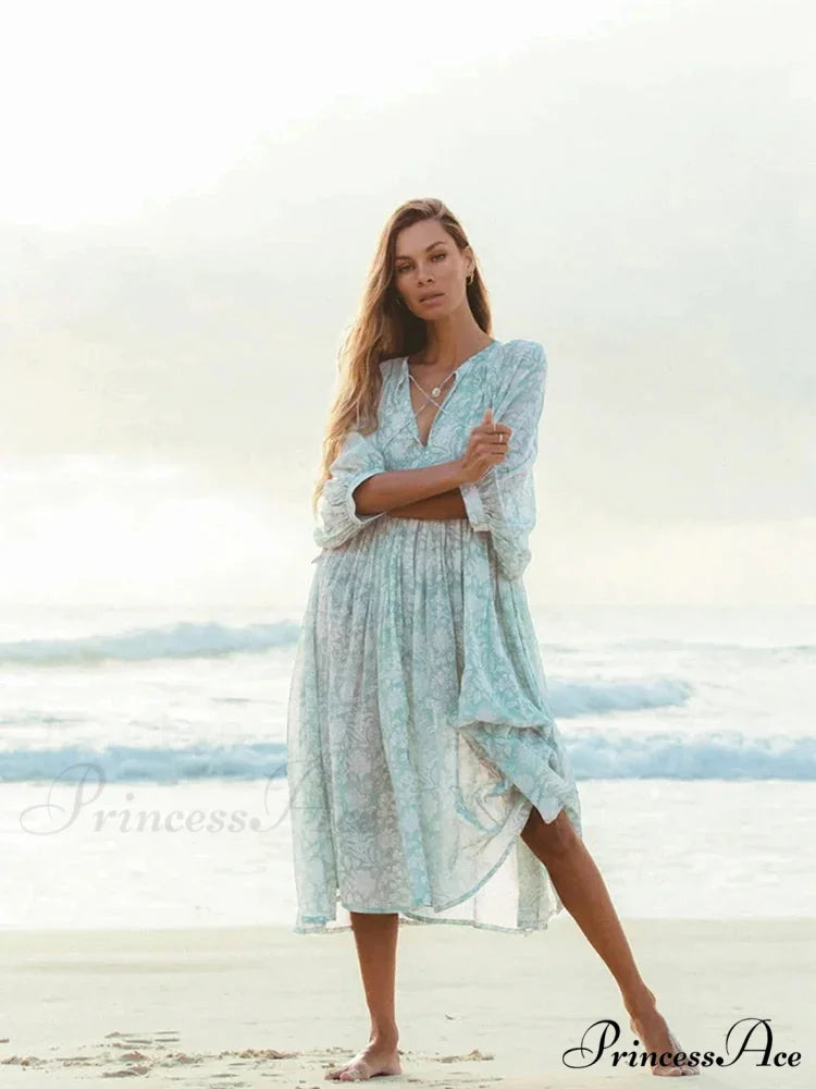 Bohemian Antique Lantern Sleeve Dress Light Green / S bohodress-250126
