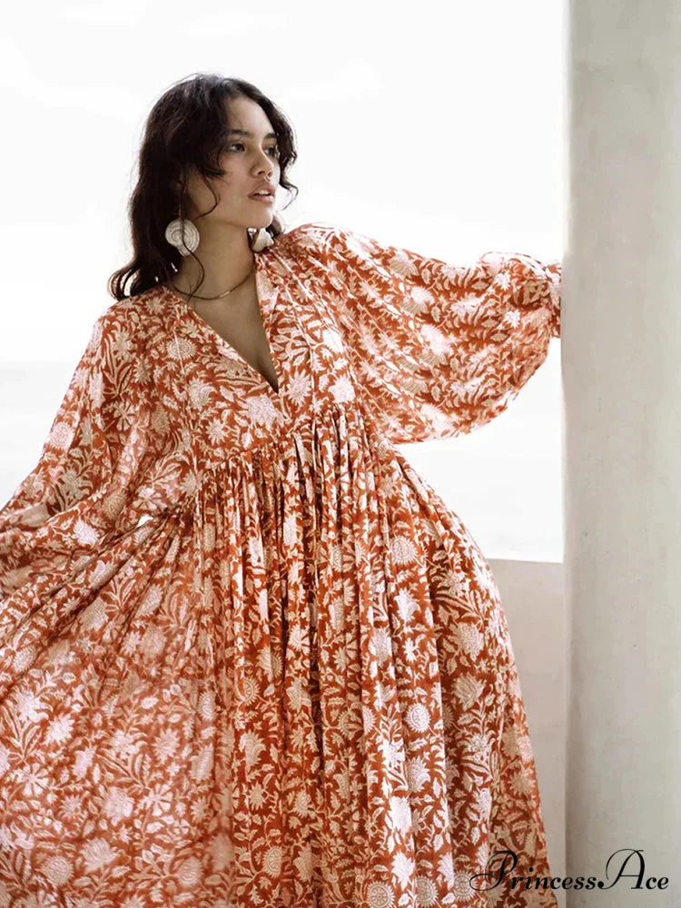 Bohemian Antique Lantern Sleeve Dress orange white floral / S bohodress-250126