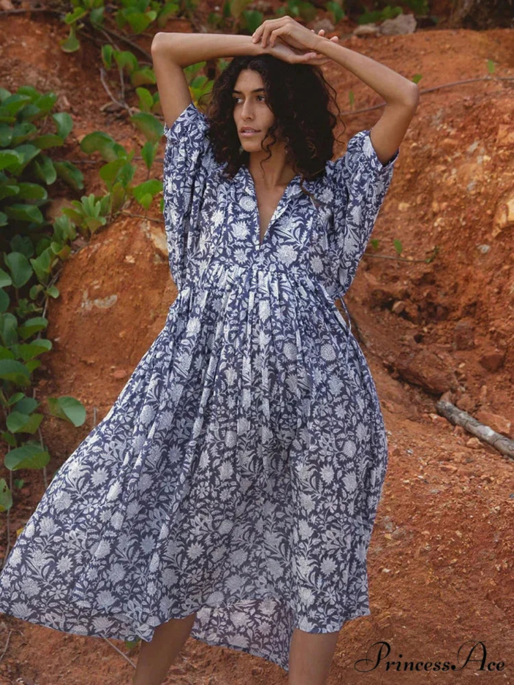 Bohemian Antique Lantern Sleeve Dress purple blue / S bohodress-250126