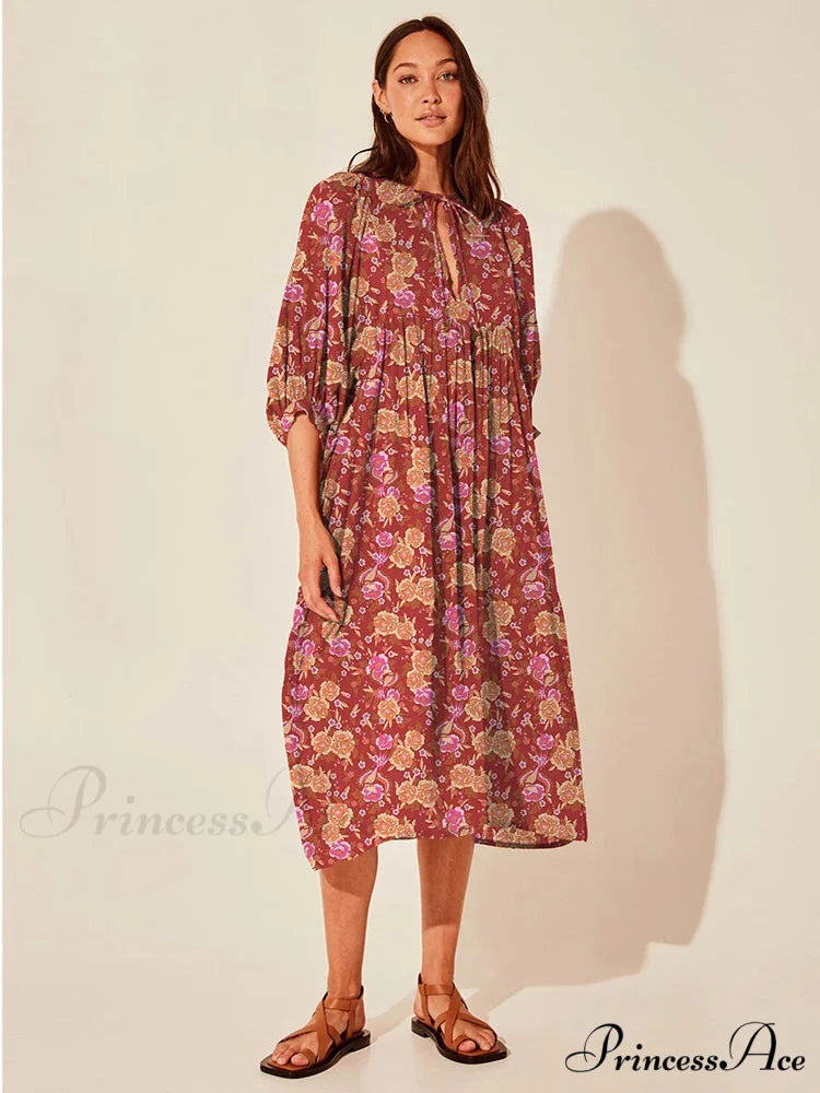 Bohemian Antique Lantern Sleeve Dress wine red / S bohodress-250126