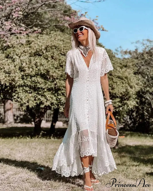 Bohemian Baggy Summer Dress Retro Low-Cut Flower Pattern White / S bohodress-250126