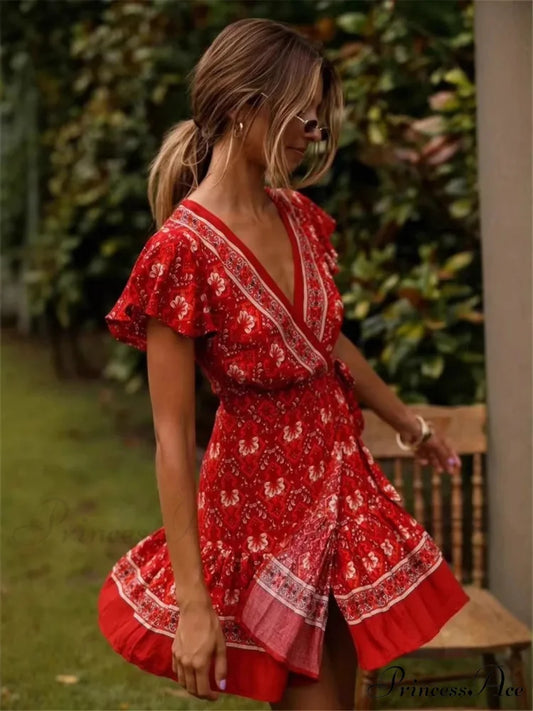 Bohemian Floral Pattern Sashes Free-Spirited Dress bohodress-250126