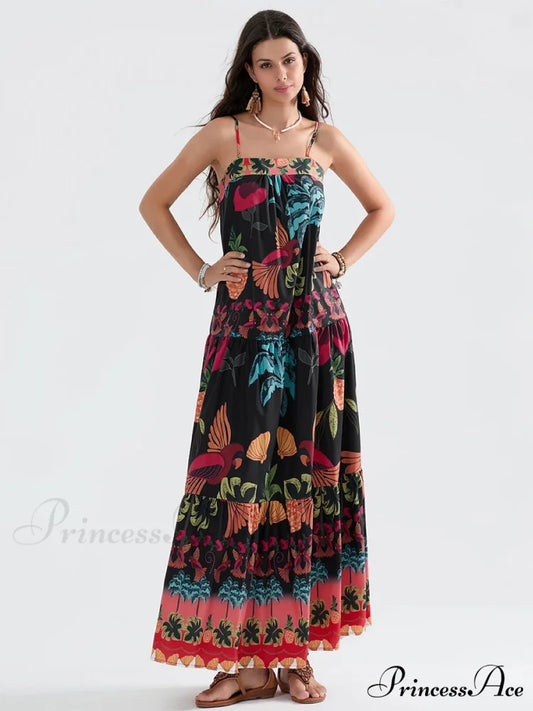 Bohemian Flowy Foliage Ruched A-Line Floral Dress BLACK / S floraldress-250126